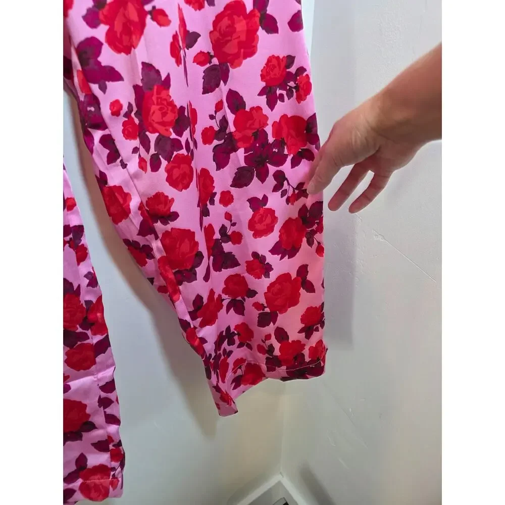 LOFT Pink Floral Silky Pajama Set Size XXL / 2X Satin Notch Colar